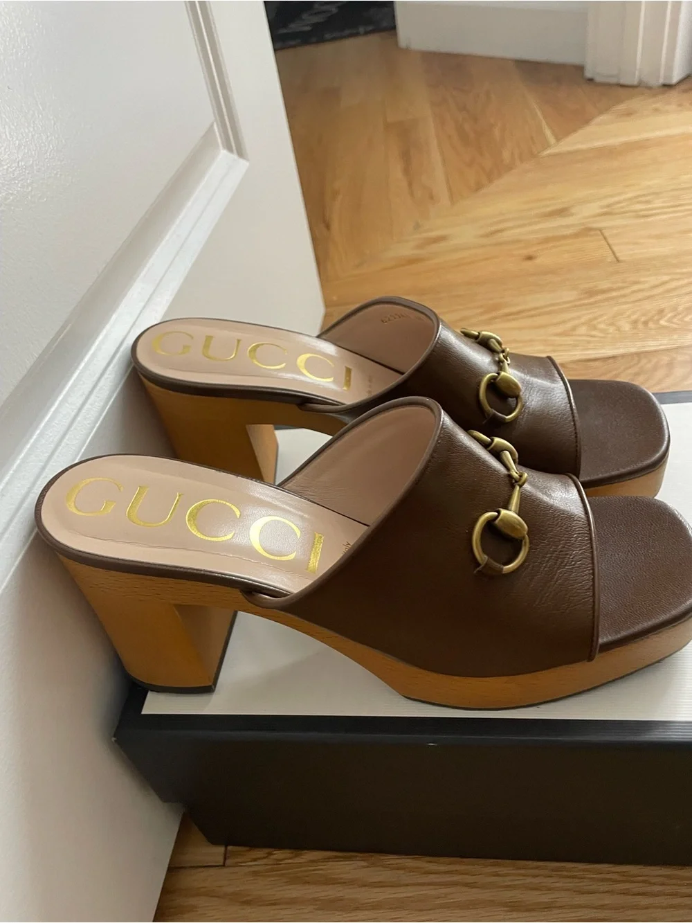 Gucci Brown Leather Gold Horsebit Platform Mules